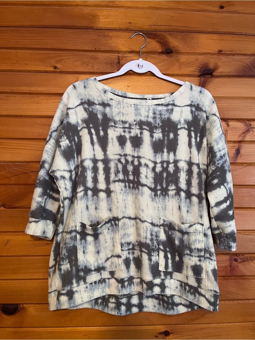 Relaxed Tie-Dye Thermal Pullover Hoodie - Gray & Cream